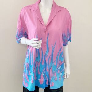 dELiA*s x Dolls Kill Pink & Blue Flame Oversized Button Down Bowling Shirt